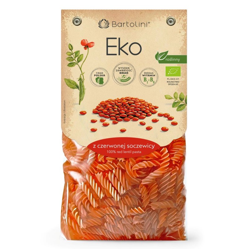 Makaron z czerwonej soczewicy, świderki, EKO, 250g,